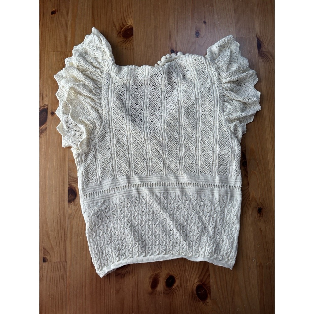 Women's ZARA Cream Pointelle Knit Ruffle Sleeve Top Size S - Picture 2 of 3